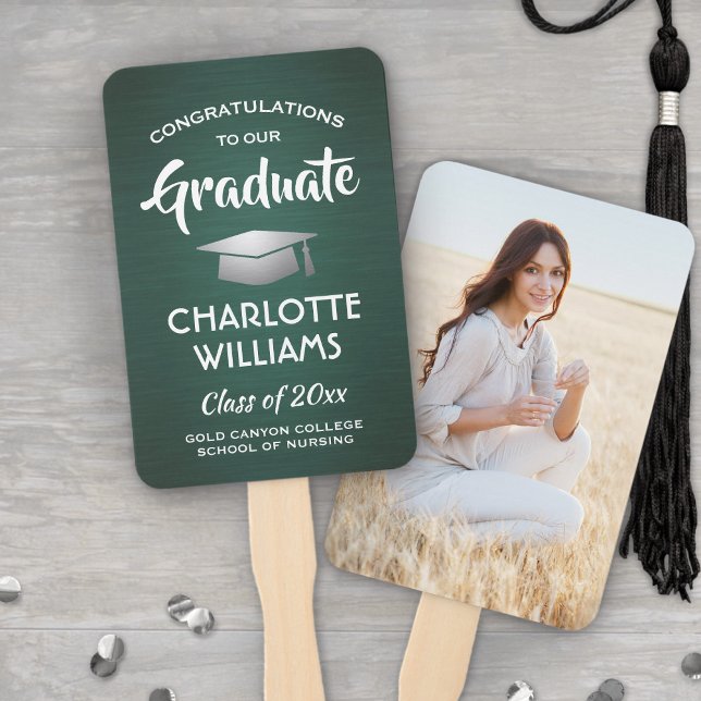 1 Photo Graduation Brushed Dark Green White Silver Hand Fan (Creator Uploaded)