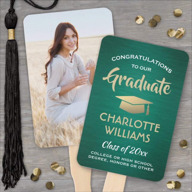 1 Photo Graduation Brushed Green Gold and White Hand Fan (Creator Uploaded)