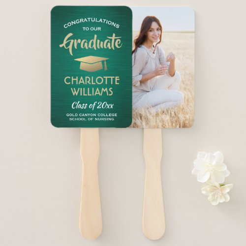 1 Photo Graduation Brushed Green Gold and White Hand Fan