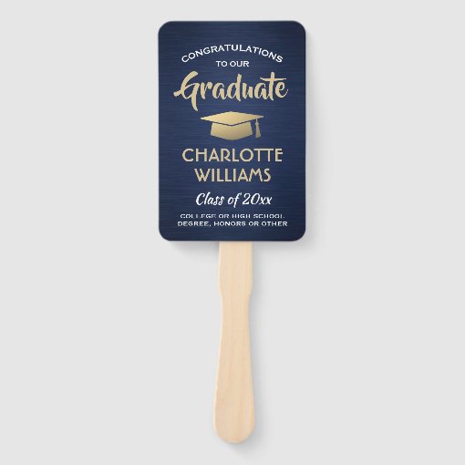 1 Photo Graduation Brushed Navy Blue Gold & White Hand Fan | Zazzle