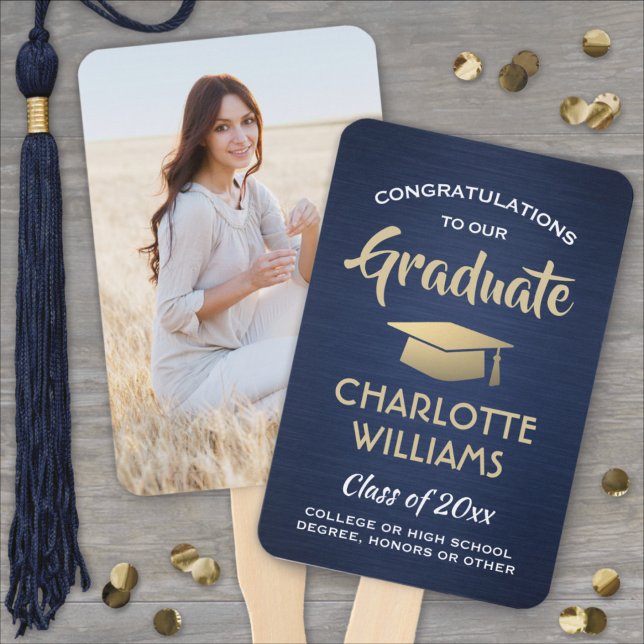 1 Photo Graduation Brushed Navy Blue Gold & White Hand Fan (Creator Uploaded)