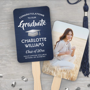 1 Photo Graduation Brushed Navy Blue White Silver Hand Fan