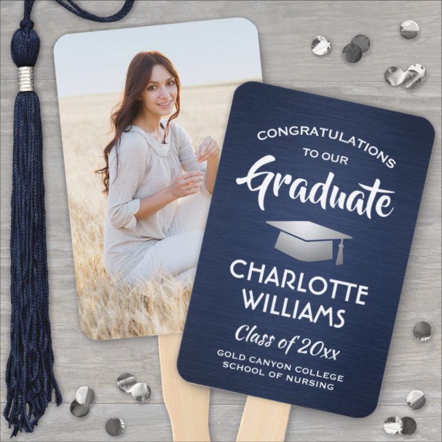 1 Photo Graduation Brushed Navy Blue White Silver Hand Fan (Creator Uploaded)