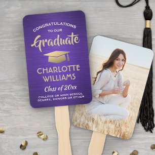 1 Photo Graduation Brushed Purple Gold and White Hand Fan