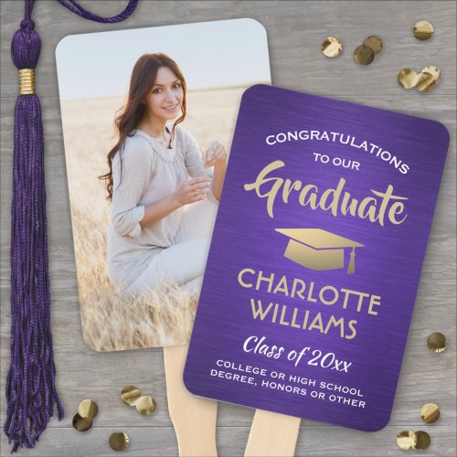 1 Photo Graduation Brushed Purple Gold and White Hand Fan