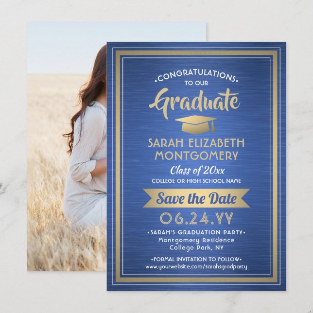 1 Photo Graduation Brushed Royal Blue and Gold Save The Date (Front/Back)