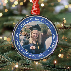 1 Photo Graduation Brushed Royal Blue and White Metal Ornament