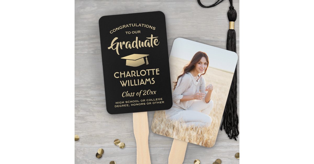 1 Photo Graduation Congrats Modern Black and Gold Hand Fan | Zazzle