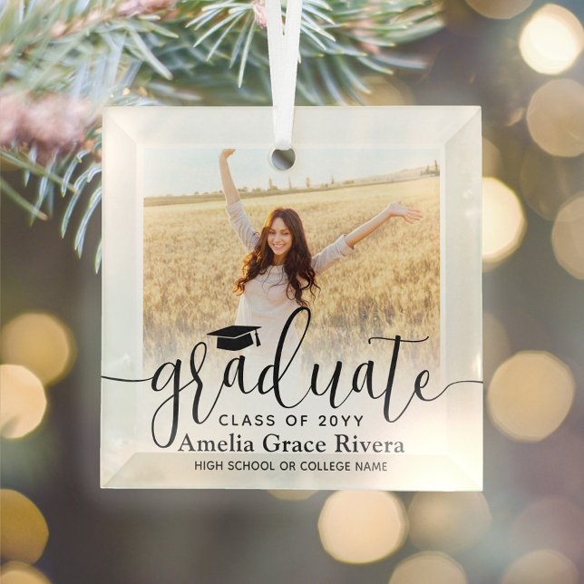 1 Photo Graduation Elegant Black Script Class Year Glass Ornament (Creator Uploaded)