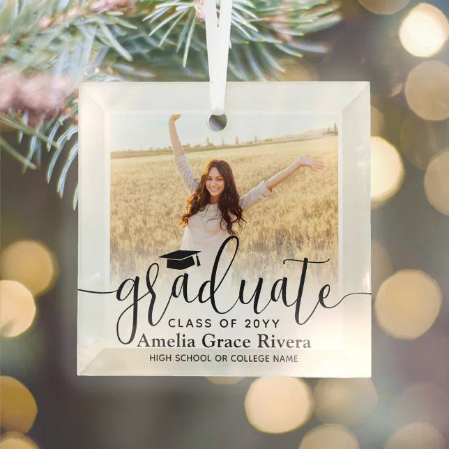 1 Photo Graduation Elegant Black Script Class Year Glass Ornament
