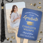 1 Photo Graduation Elegant Brushed Blue Gold White Hand Fan<br><div class="desc">Add a cool personalized touch to a college or high school graduation party with these custom photo royal blue, gold and white hand fans. Design features a blue faux brushed stainless steel background, one picture of the graduate, stylish modern typography, handwritten style script calligraphy, and a customizable message reading "Congratulations...</div>
