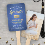 1 Photo Graduation Elegant Brushed Blue Gold White Hand Fan<br><div class="desc">Add a cool personalized touch to a college or high school graduation party with these custom photo royal blue, gold and white hand fans. Design features a blue faux brushed stainless steel background, one picture of the graduate, stylish modern typography, handwritten style script calligraphy, and a customizable message reading "Congratulations...</div>