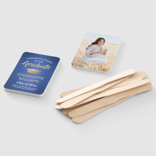 1 Photo Graduation Elegant Brushed Blue Gold White Hand Fan | Zazzle