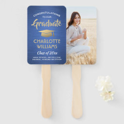 1 Photo Graduation Elegant Brushed Blue Gold White Hand Fan | Zazzle