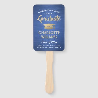 1 Photo Graduation Elegant Brushed Blue Gold White Hand Fan | Zazzle