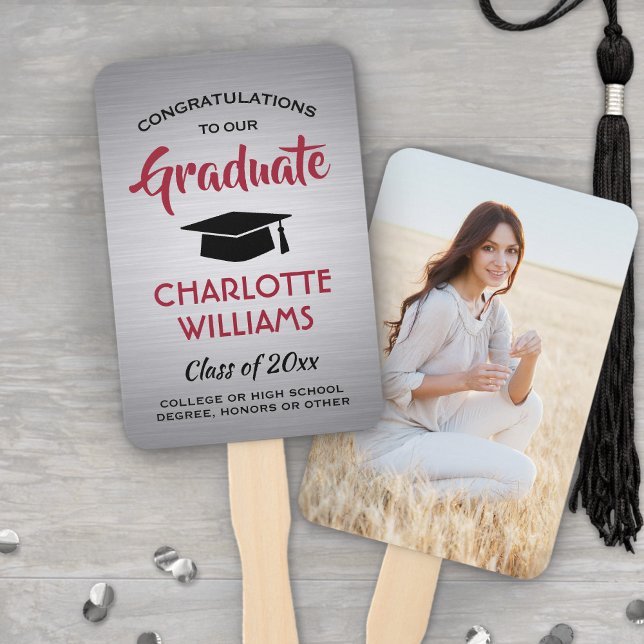 1 Photo Graduation Elegant Brushed Gray Red Black Hand Fan (Creator Uploaded)