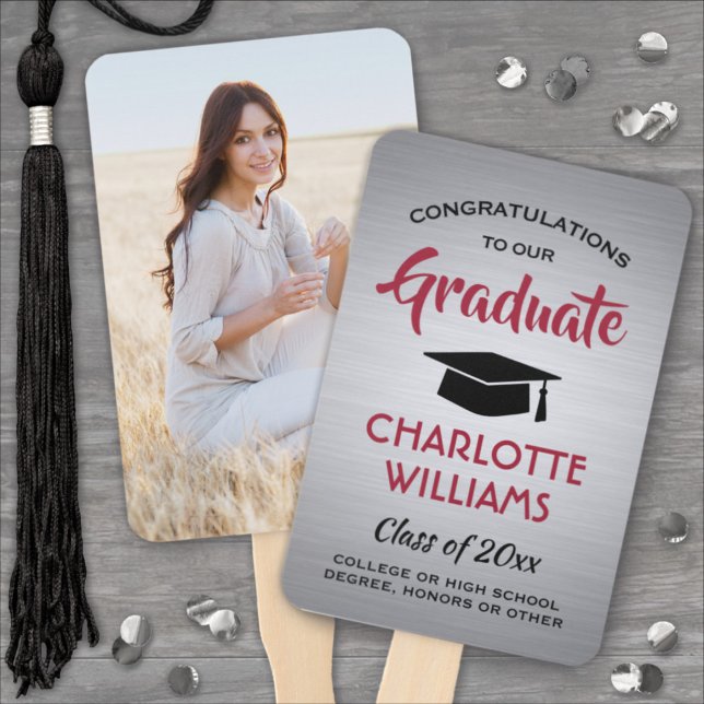 1 Photo Graduation Elegant Brushed Gray Red Black Hand Fan (Creator Uploaded)