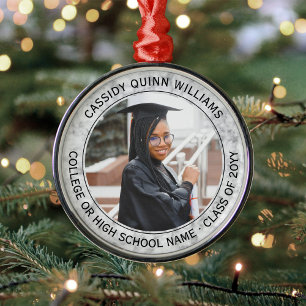 1 Photo Graduation Elegant Faux Marble Black White Metal Ornament