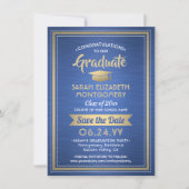 1 Photo Graduation Elegant Modern Blue White Gold Save The Date (Front)