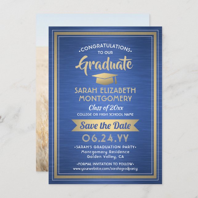 1 Photo Graduation Elegant Modern Blue White Gold Save The Date (Front/Back)