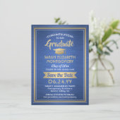 1 Photo Graduation Elegant Modern Blue White Gold Save The Date (Standing Front)