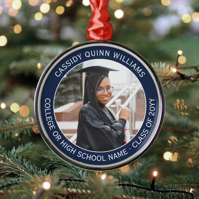 1 Photo Graduation Elegant Modern Navy Blue White Metal Ornament (Creator Uploaded)