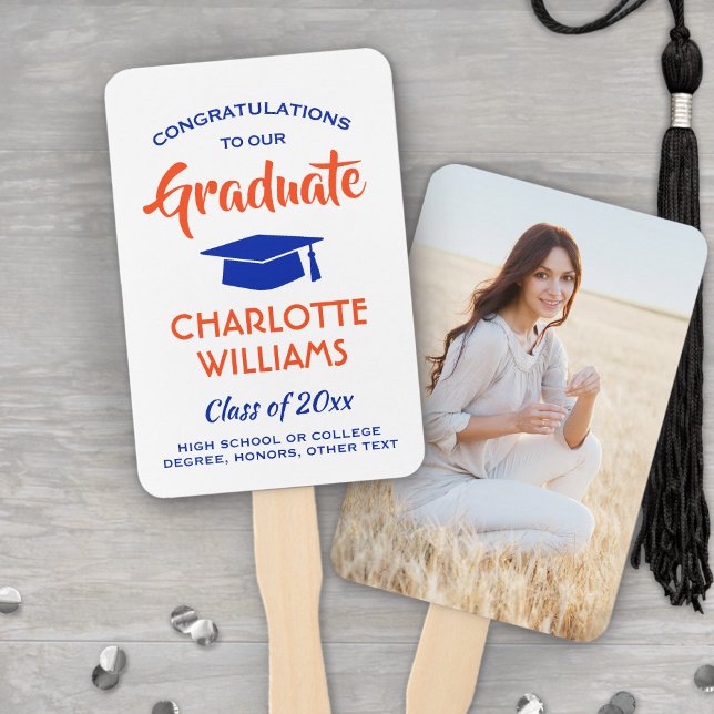1 Photo Graduation Elegant Modern Orange and Blue Hand Fan (Creator Uploaded)
