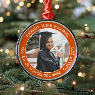 1 Photo Graduation Elegant Modern Orange and White Metal Ornament