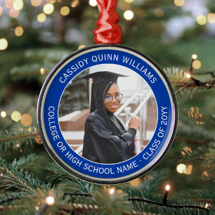 1 Photo Graduation Elegant Modern Royal Blue White Metal Ornament
