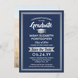 1 Photo Graduation Elegant Navy Blue and White Save The Date