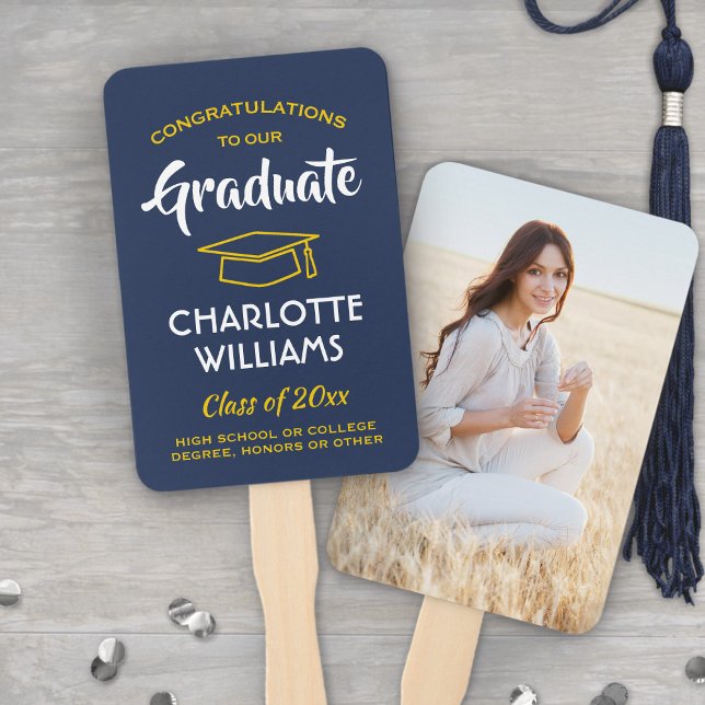 1 Photo Graduation Elegant Navy Blue Gold Yellow Hand Fan (Creator Uploaded)