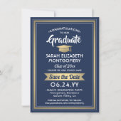 1 Photo Graduation Elegant Navy Blue White & Gold Save The Date (Front)