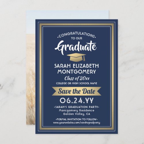 1 Photo Graduation Elegant Navy Blue White  Gold Save The Date