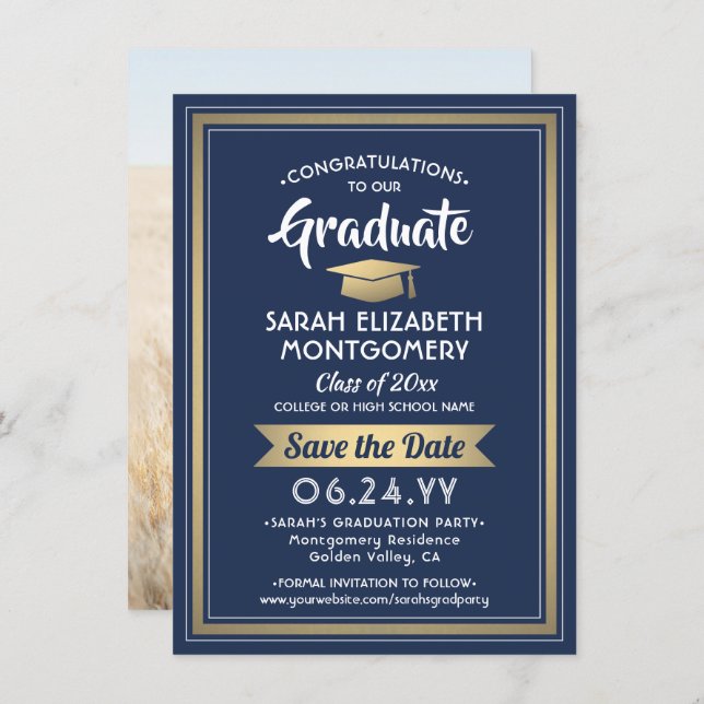 1 Photo Graduation Elegant Navy Blue White & Gold Save The Date (Front/Back)