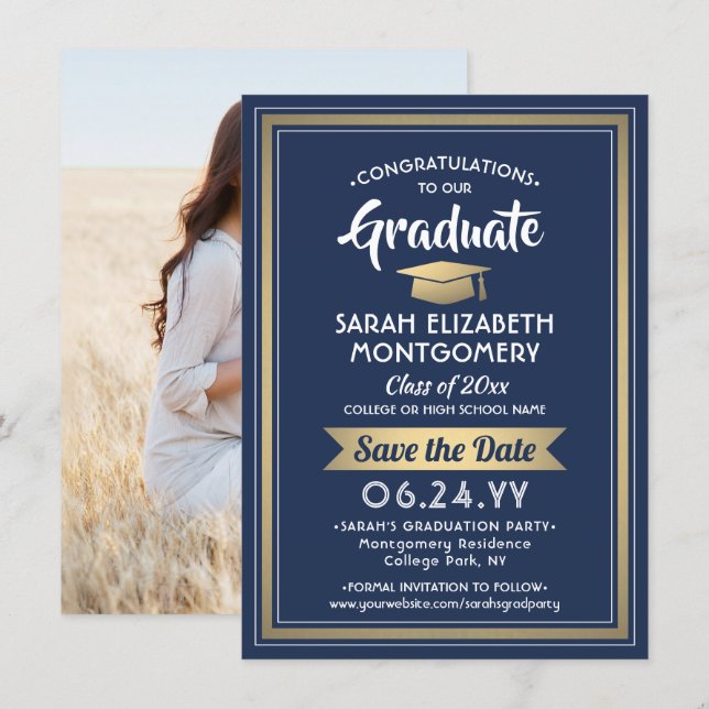 1 Photo Graduation Elegant Navy Blue White & Gold Save The Date (Front/Back)