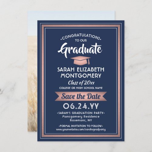 1 Photo Graduation Elegant Navy Pink Rose Gold Save The Date