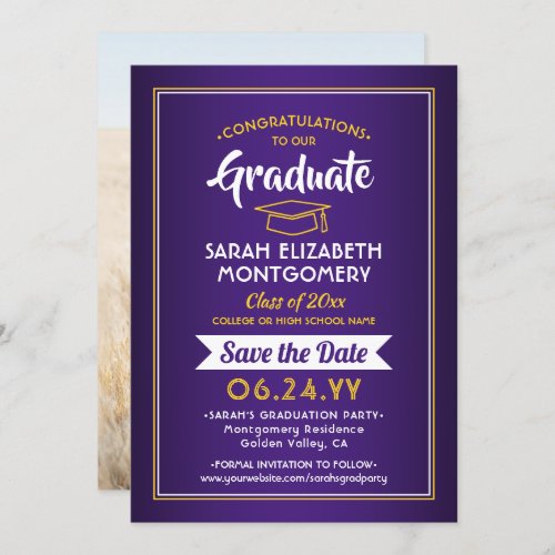1 Photo Graduation Elegant Purple  Gold Yellow Save The Date