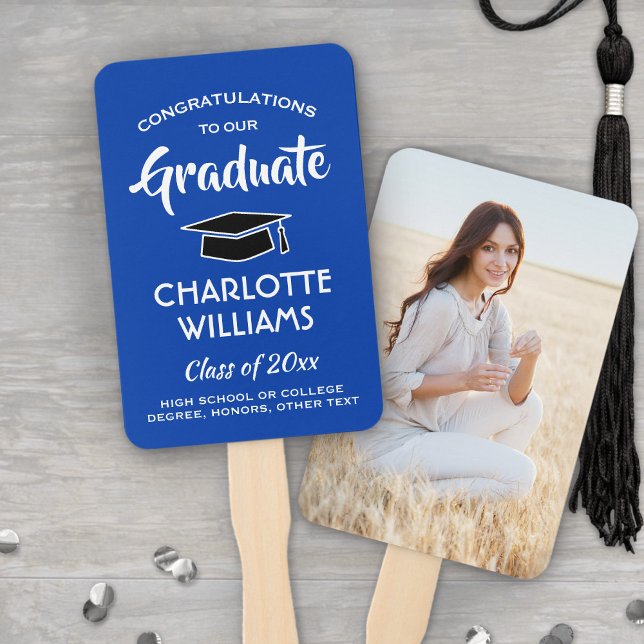1 Photo Graduation Elegant Royal Blue and White Hand Fan (Creator Uploaded)
