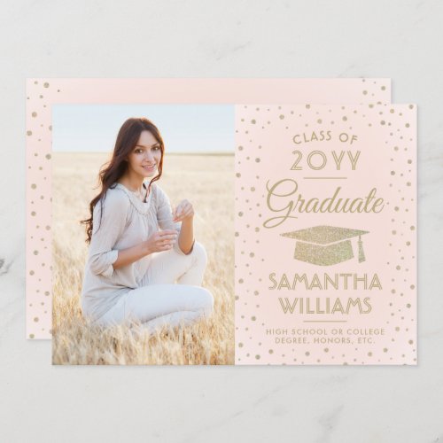 1 Photo Graduation Modern Blush Pink Gold Glitter Invitation