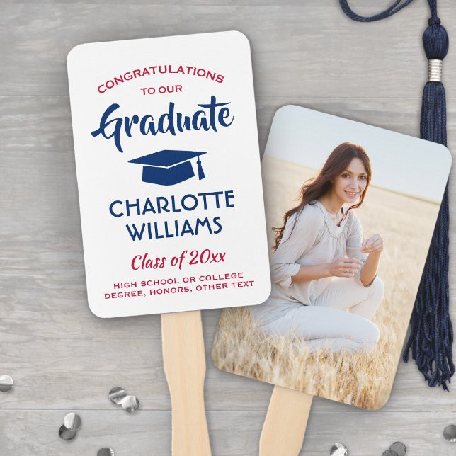 1 Photo Graduation Modern Red White and Blue Hand Fan (Creator Uploaded)
