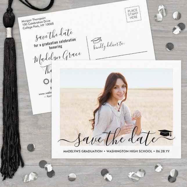 1 Photo Graduation Modern Script Save the Date Announcement Postcard (Creator Uploaded)