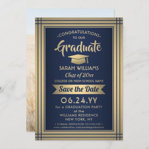 1 Photo Graduation Navy Blue Gold Faux Foil Modern Save The Date