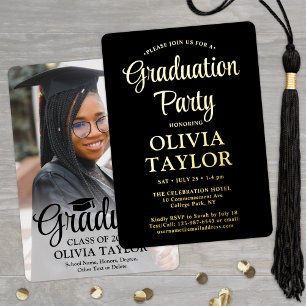 1 Photo Graduation Party Elegant Script Black and Foil Invitation