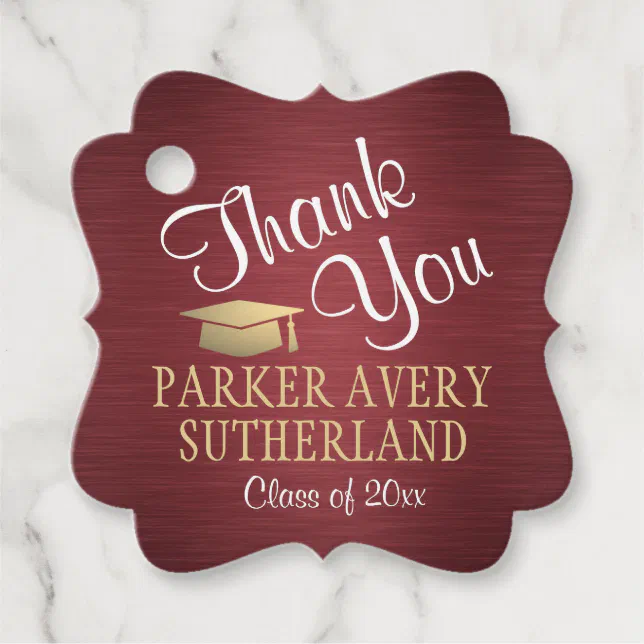 1 Photo Graduation Thank You Burgundy & Gold Fancy Favor Tags | Zazzle