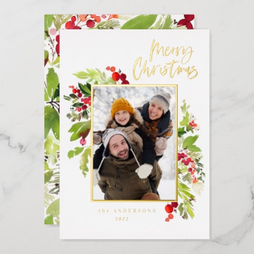 1 photo green foliage merry christmas  foil holiday card