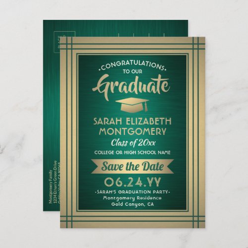 1 Photo Green Gold White Graduation Save the Date Announcement Postcard