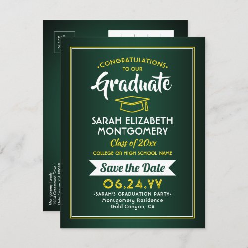 1 Photo Green Gold Yellow Graduation Save the Date Announcement Postcard