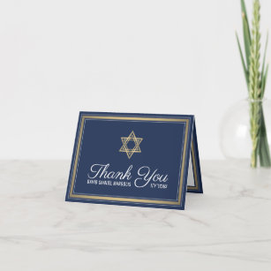 1 Photo Hebrew Name Bar Mitzvah Navy Gold Script Thank You Card
