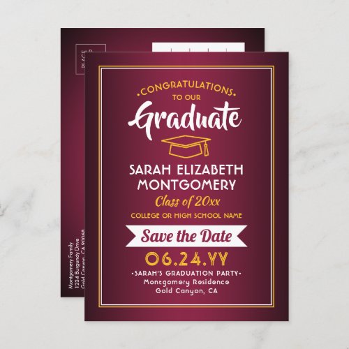 1 Photo Maroon Red  Gold Graduation Save the Date Announcement Postcard