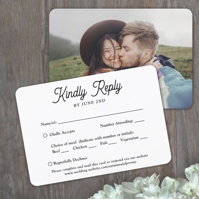 1 Photo Meal Options Elegant Retro Script Wedding RSVP Card (Creator Uploaded)